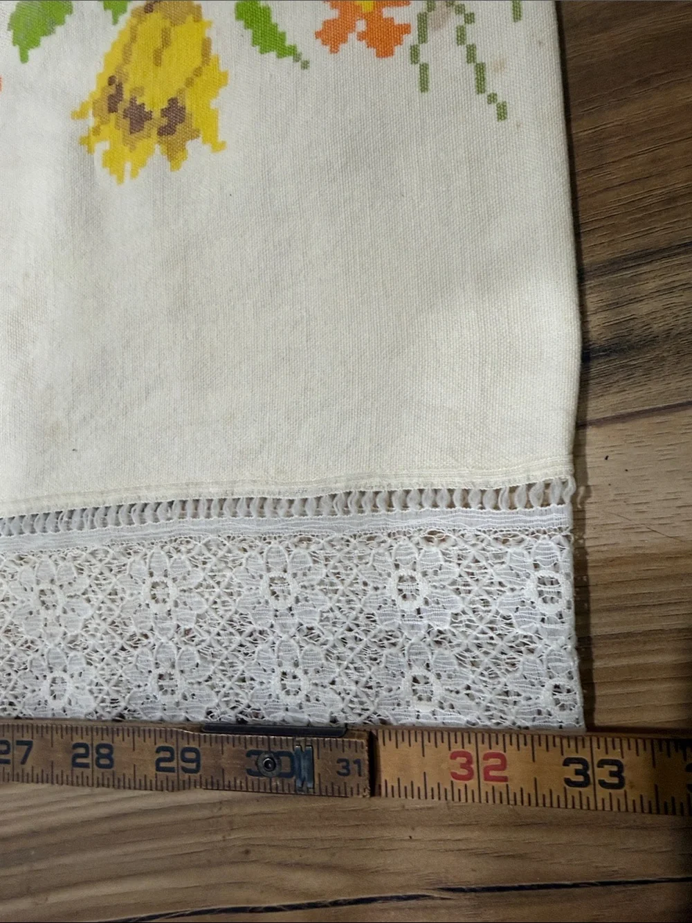 Vintage antique cross stitch fabric and lace yellow floral tablecloth 66x57